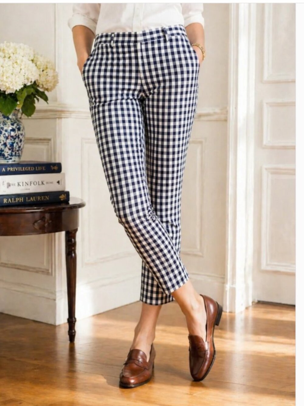 Banana Republic Navy Gingham Ryan Fit Pants size 4P - Picture 1 of 10